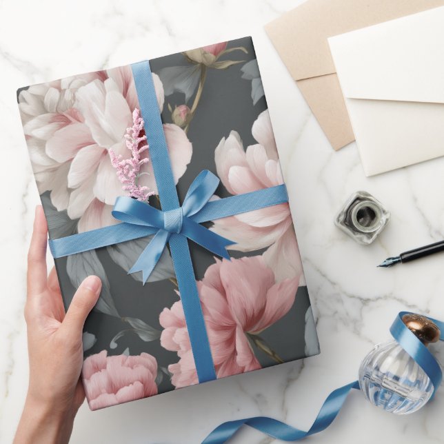 Papel De Presente Romantic Dusty Pink Peony Grey Floral Pattern (Presentear)