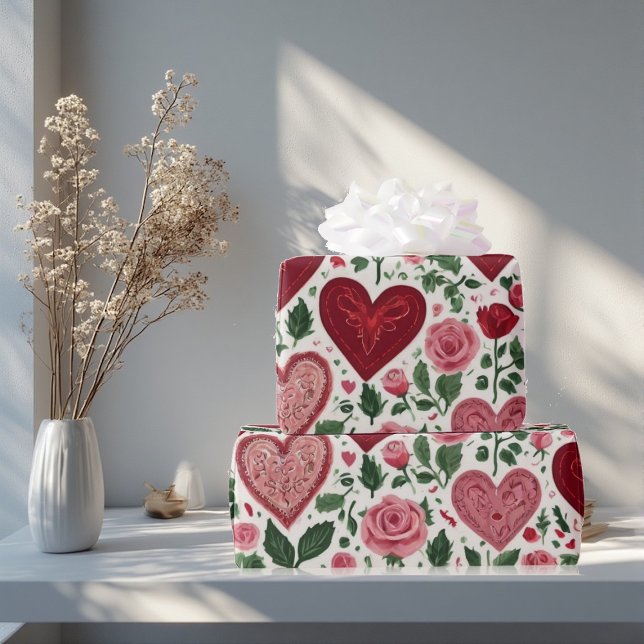 Papel De Presente Romantic Hearts Meets Botanical Elegance Rustic  (Romantic Hearts Meets Botanical Elegance Rustic Wrapping Paper)