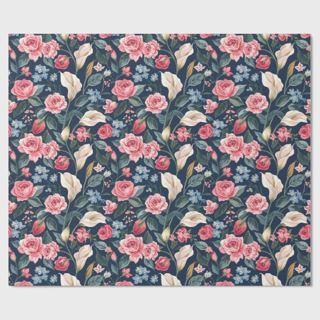 Papel De Presente Romantic Navy Blue Floral Garden Pattern (Aberto)