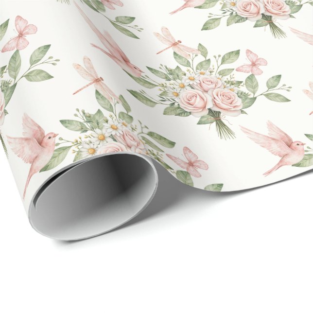 Papel De Presente Romantic pink and green bird and flowers (Ponta do rolo)