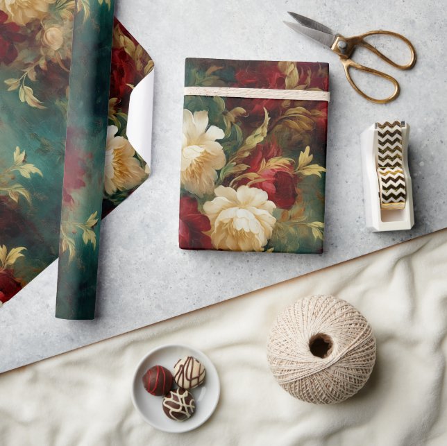 Papel De Presente Romântico Casamento de Flores Brancas e Vermelhas  (Artesanato)