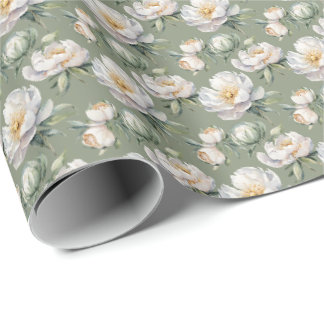Papel De Presente Romântico Verde Salvia Silenciado e Peônia Floral