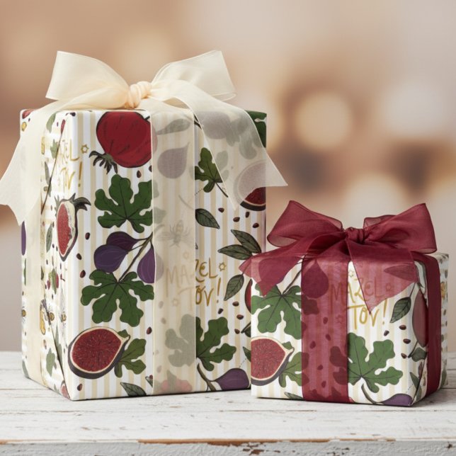 Papel De Presente Romãs, Figos, Abelhas Melíferas Judaicas Mazel Tov (Modern Jewish Congratulations Wrapping Paper for Judaic Celebrations. Elegant Pomegranates & Figs)