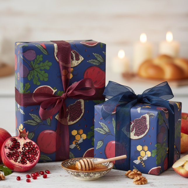 Papel De Presente Romãs, Figos e Abelhas Azuis-Marinho (Elegant Navy Blue Pomegranates, Figs,  Honeycomb, Honey Bees Wrapping Paper for Jewish New Year )
