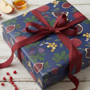 Papel De Presente Romãs, Figos e Abelhas Melíferas Azul Marinho