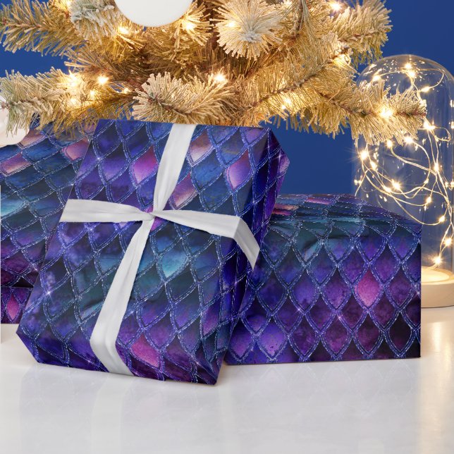 Papel De Presente Rompantes Escamas de Dragão com Glitter e Tom Roxo (Feriados)