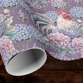 Papel De Presente Roosters and Hydrangeas Blue Purple Gray Farmhouse