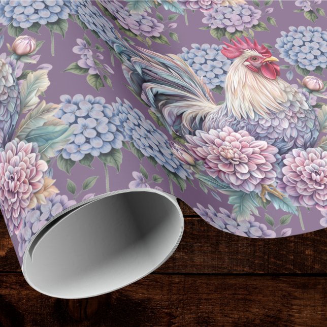 Papel De Presente Roosters and Hydrangeas Blue Purple Gray Farmhouse (Criador carregado)