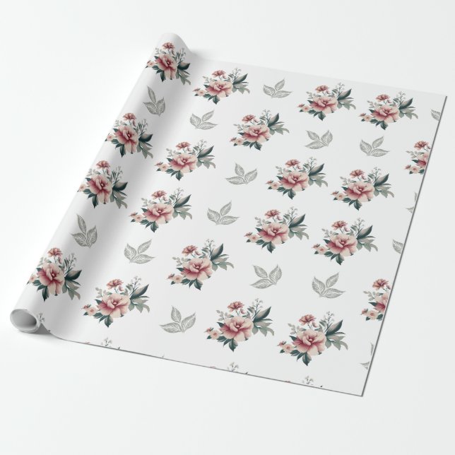 Papel De Presente Rosa Aquarela Rosa com Folhagem Azul-Verde (Desenrolado)