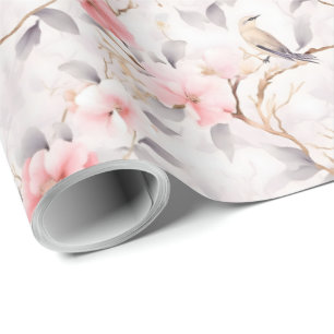 Papel De Presente Rosa Asian Floral Pássaro