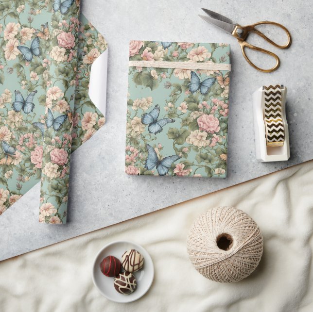 Papel De Presente Rosa Azul Floral e Borboleta Mais Suave (Artesanato)
