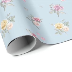 Papel De Presente Rosa Azul Suave Aquarela Floral
