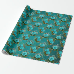 Papel De Presente Rosa Azul Turquesa e Dourada Vintage