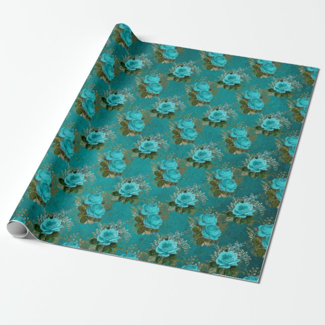 Papel De Presente Rosa Azul Turquesa e Dourada Vintage (Desenrolado)