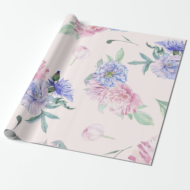 Papel De Presente Rosa Bege e Azul Floral Aquarela (Desenrolado)
