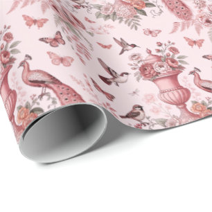 Papel De Presente Rosa Bege e Branco Padrão Toile Chinoiserie
