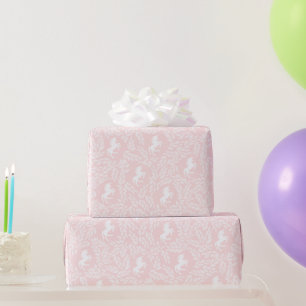 Papel De Presente Rosa Bege e Unicórnio Branco Padrão de Folha Flora