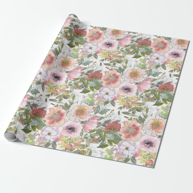 Papel De Presente Rosa Bege Rosa Água Floral Verde (Desenrolado)