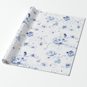 Papel De Presente Rosa Blue Bird Chinoiserie Floral