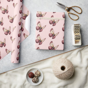 Papel De Presente Rosa Borgonha Vermelho Creme Borboleta Aniversário