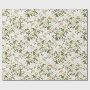Papel De Presente Rosa Chintz Verde Oliva, Flores Azuis-ardósia