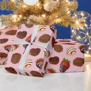 Papel De Presente Rosa Chocolate Romântico Morango & Trufa