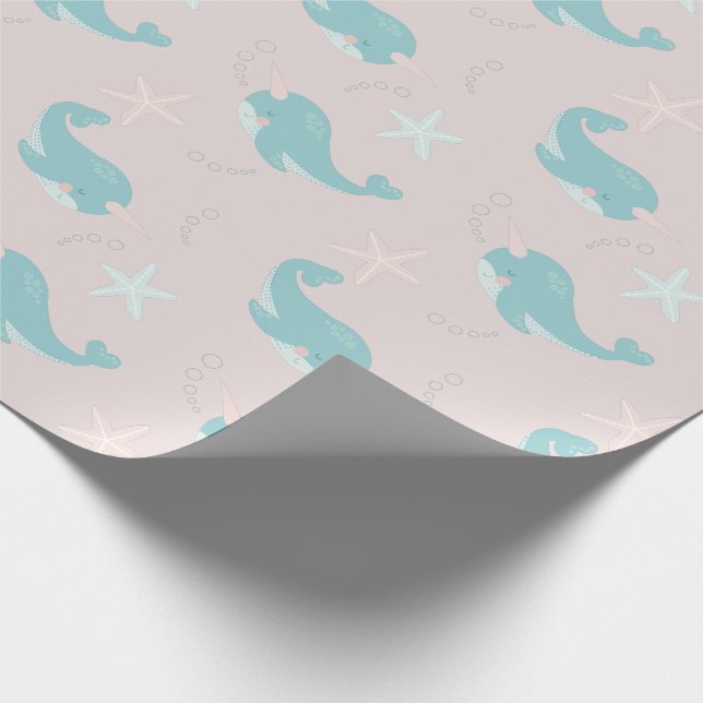 Papel De Presente Rosa claro de padrão Narwhal e Starfish (Ponta)