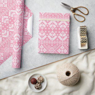 Papel De Presente Rosa Claro e Branco Inverno Fair Isle Natal