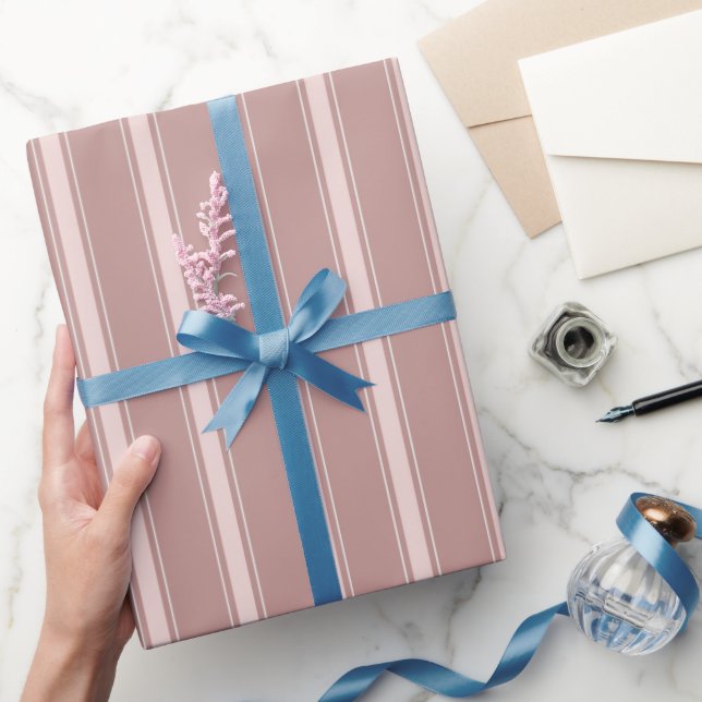 Papel De Presente Rosa Claro Taupe e Listras Rosa Pálido (Presentear)