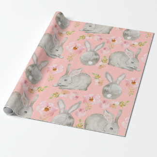 Papel De Presente Rosa. Coelhos e Flores.