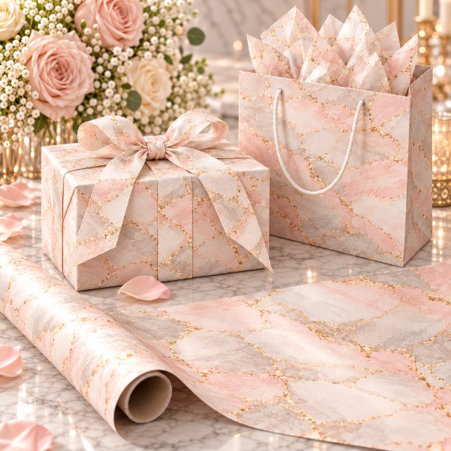 Papel De Presente Rosa Corada & Kintsugi Prata (Blush marble wrapping paper makes a lovely statement on wedding gifts and special surprises.)