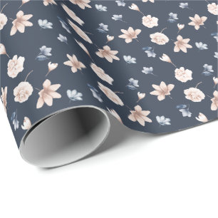 Papel De Presente Rosa Corado Azul Marinho Floral