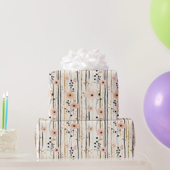 Papel De Presente Rosa Corado Dourado Floral Listras Aniversário Aqu (Presentes para festas)