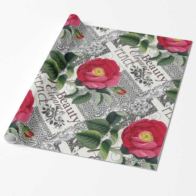 Papel De Presente Rosa Damasco Bonito Antígua Floral (Desenrolado)