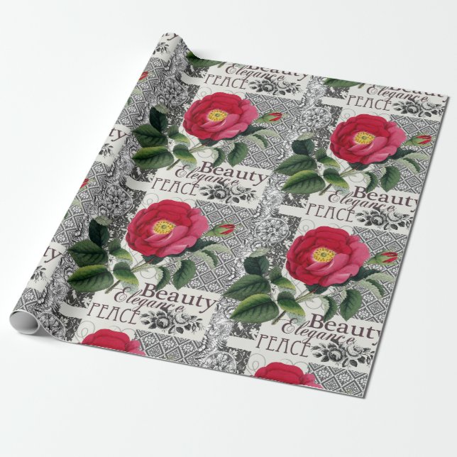 Papel De Presente Rosa Damasco Bonito Antígua Floral (Desenrolado)