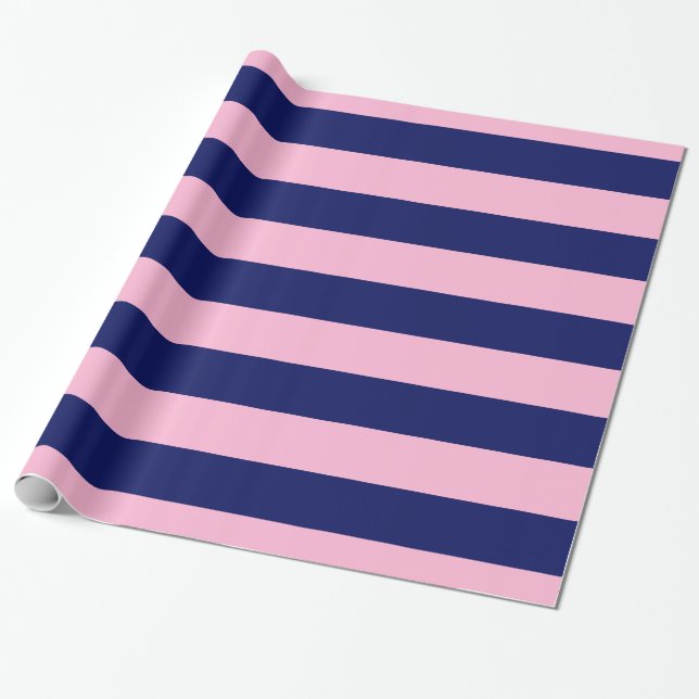 Papel De Presente Rosa de Algodão Doce, Azul Marinho XL Listras Padr (Desenrolado)