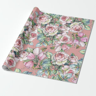 Papel De Presente Rosa de flores de jardim com tulipas pintadas em 