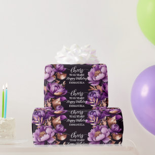 Papel De Presente Rosa de ouro roxo, feliz aniversário personalizado