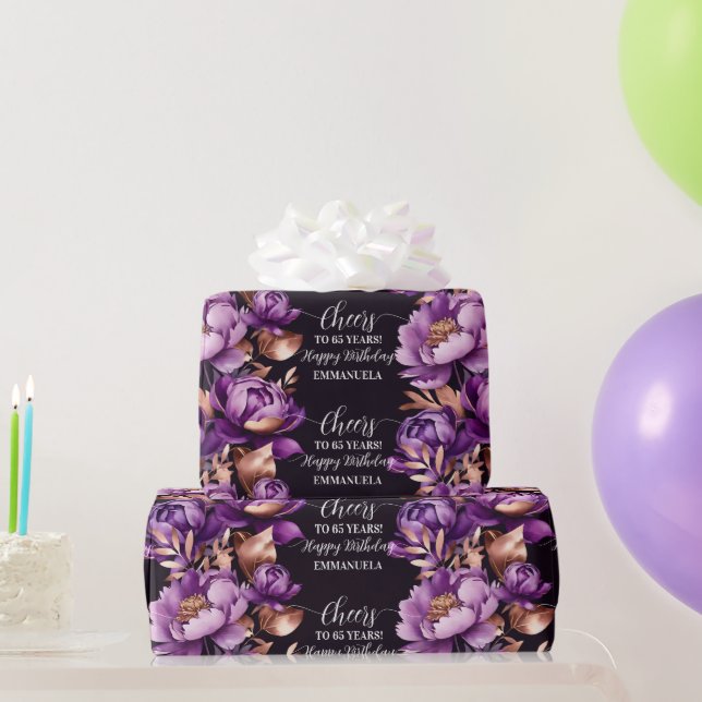 Papel De Presente Rosa de ouro roxo, feliz aniversário personalizado (Presentes para festas)
