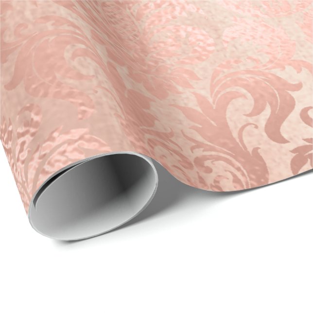 Papel De Presente Rosa Dourada Rosa Metálica Pó Real Blush Damask (Ponta do rolo)
