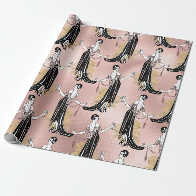 Papel De Presente Rosa Dourado e Rosa Bege Art Deco Vinho (Desenrolado)
