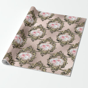 Papel De Presente Rosa Dourado e Rosa Choque padrão de Rosa Antiga F