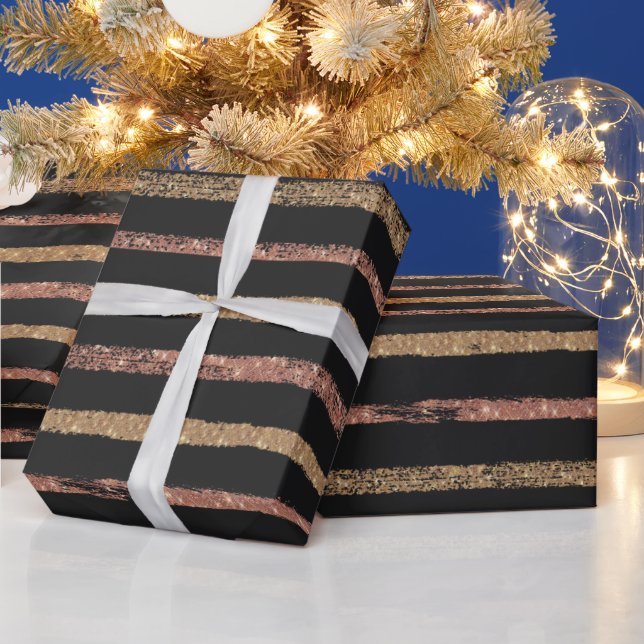 Papel De Presente Rosa Dourado Elegante & Listras Pretas (Feriados)