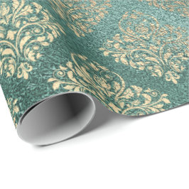 Papel De Presente Rosa Dourado Foxier Damask Teal Shiny Glass Metáli