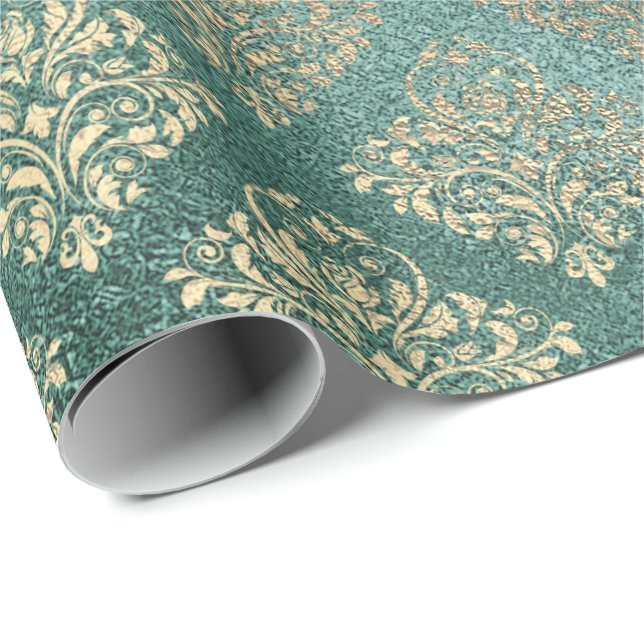 Papel De Presente Rosa Dourado Foxier Damask Teal Shiny Glass Metáli (Ponta do rolo)