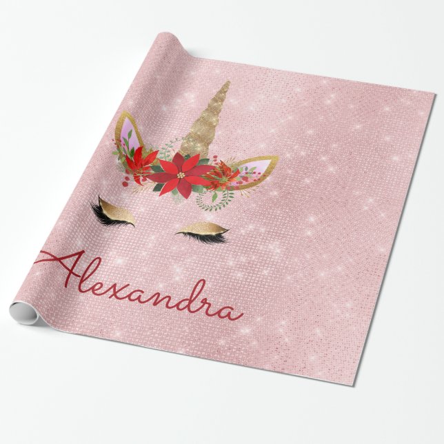 Papel De Presente Rosa Dourado - Monograma do Unicórnio de Natal Cor (Desenrolado)