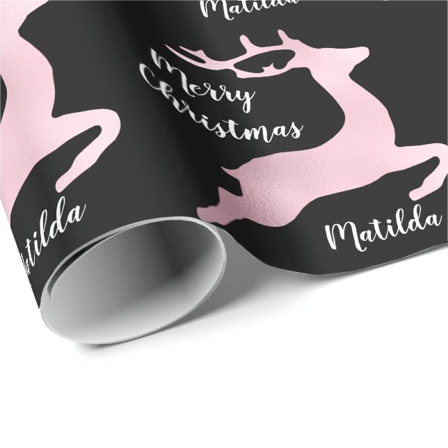 Papel De Presente Rosa Dourado padrão de renas de Natal personalizad (Ponta do rolo)