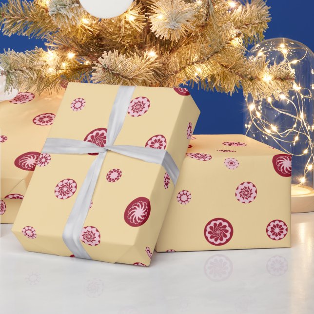 Papel De Presente Rosa Dourado Pontos Vermelhos Bege Círculo Geométr (Feriados)