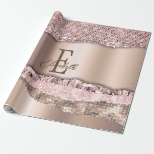 Papel De Presente Rosa Dourado Tendência Diamantes Brilho Monograma
