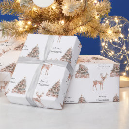 Papel De Presente Rosa Dourado Veado e Árvores de Natal